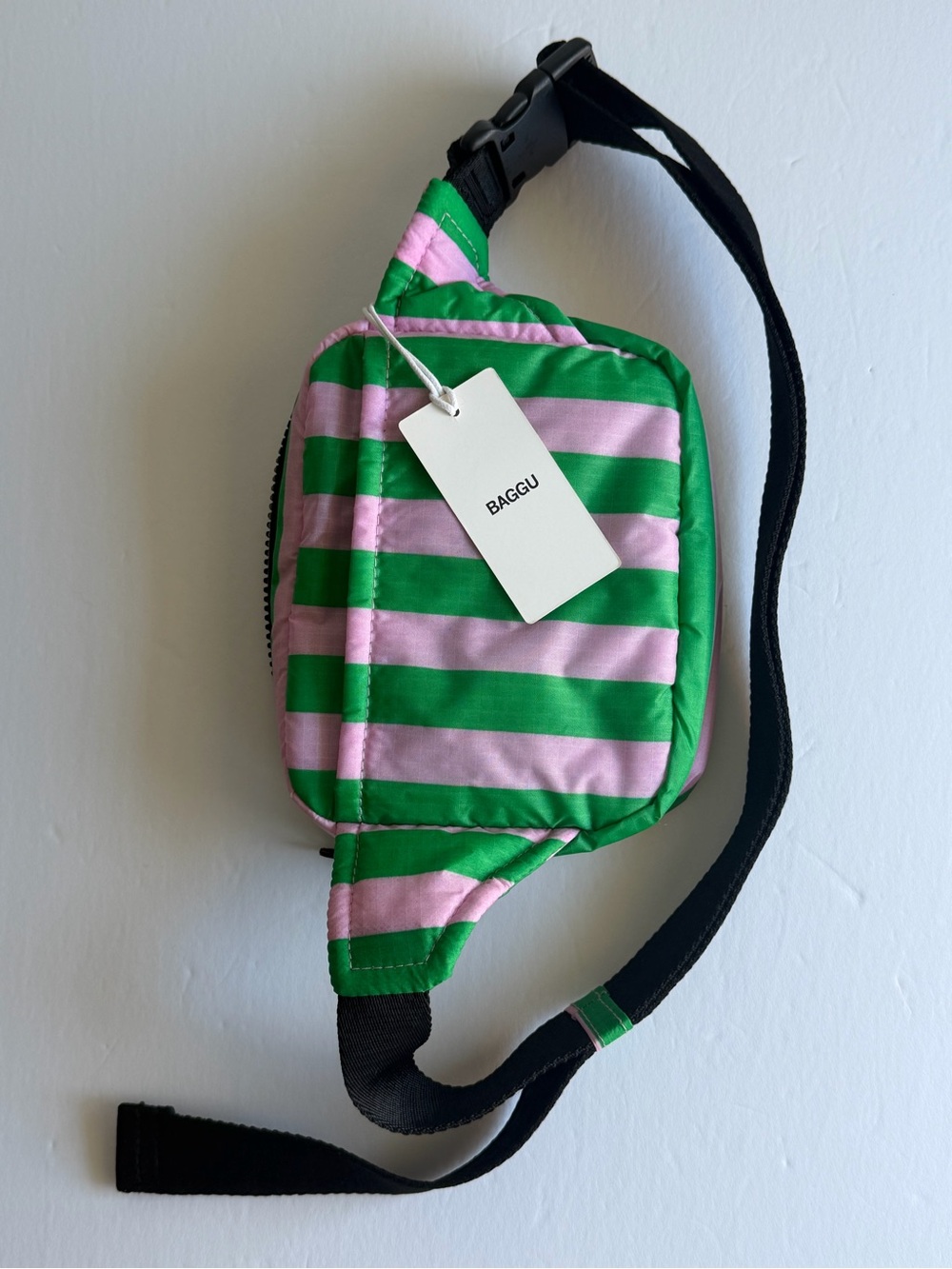 NWT BAGGU Puffy Fanny Pack Pink Green Awning Stripe